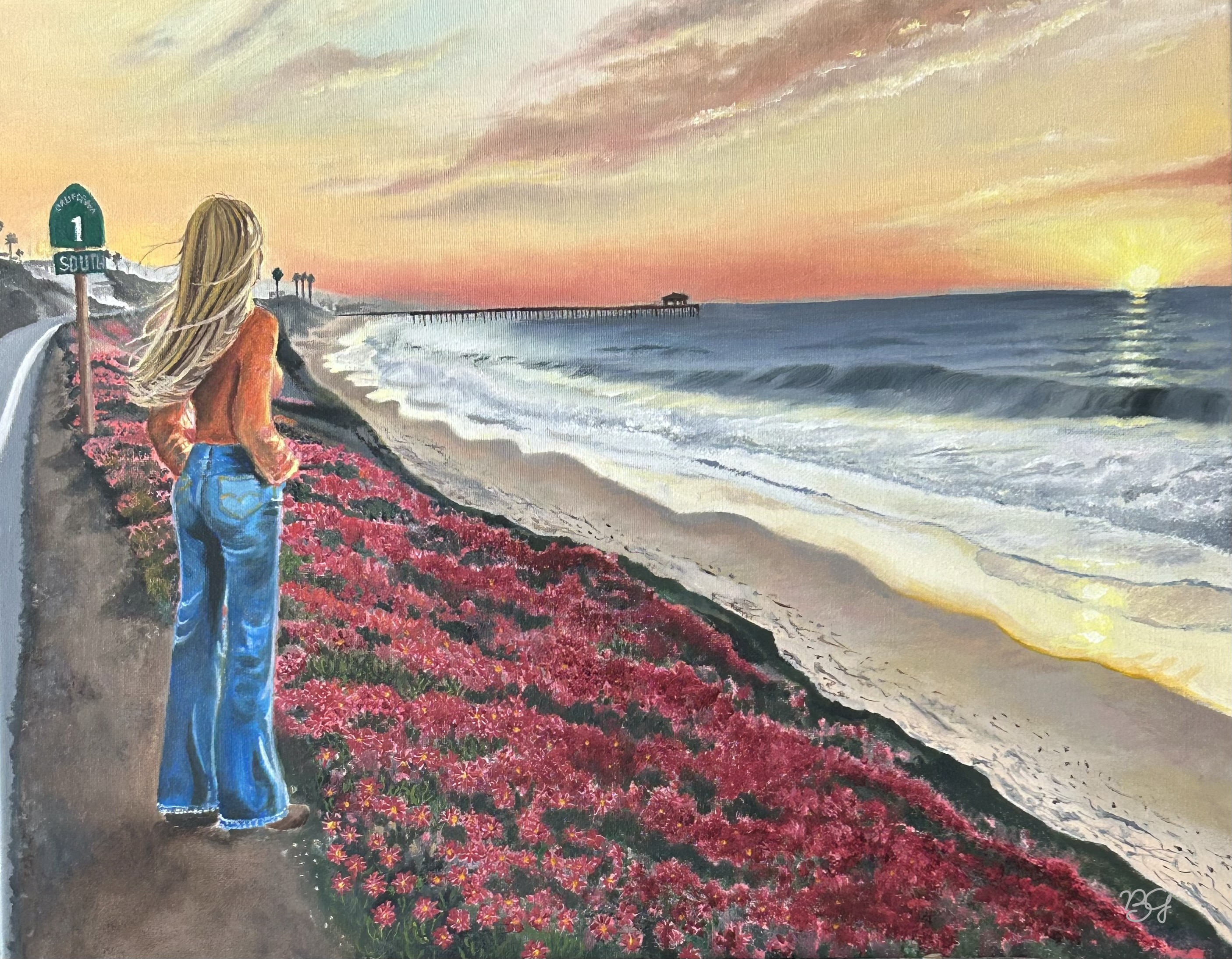 Painting of a young woman on Highway 1 gazing at a Pacific sunset