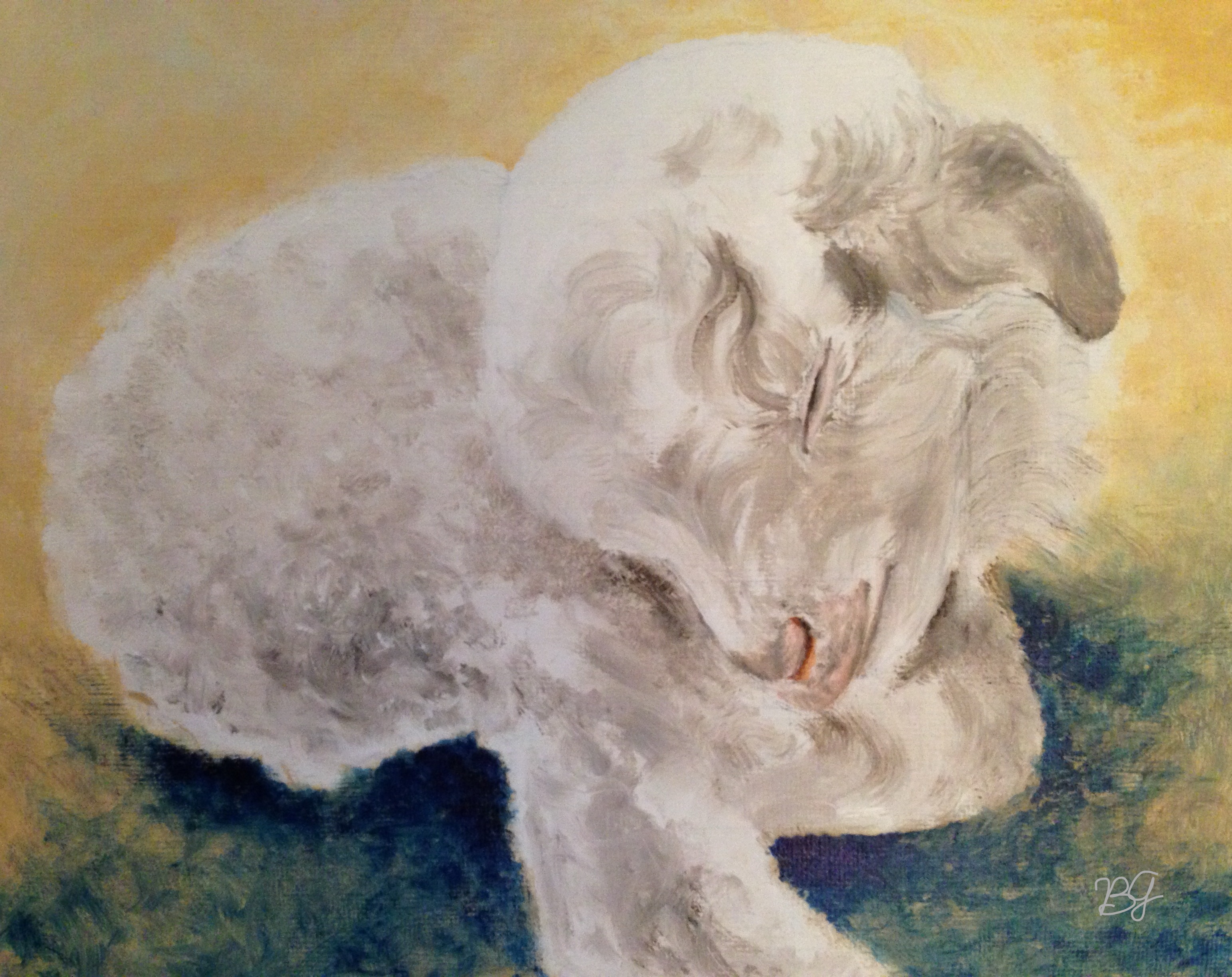 Painting of a lamb resting peacefully