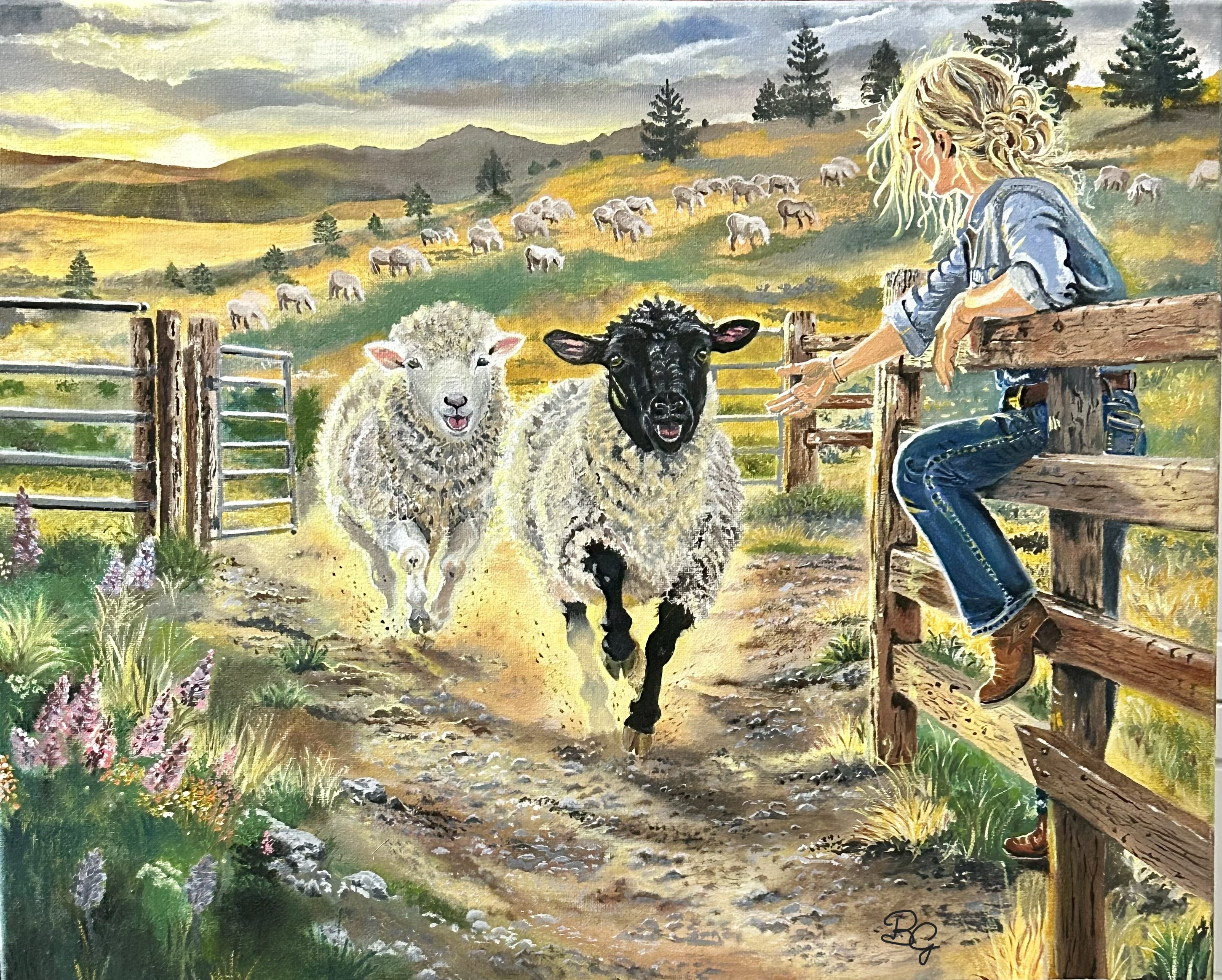 Painting of two lambs bounding toward a woman on a Montana ranch fence